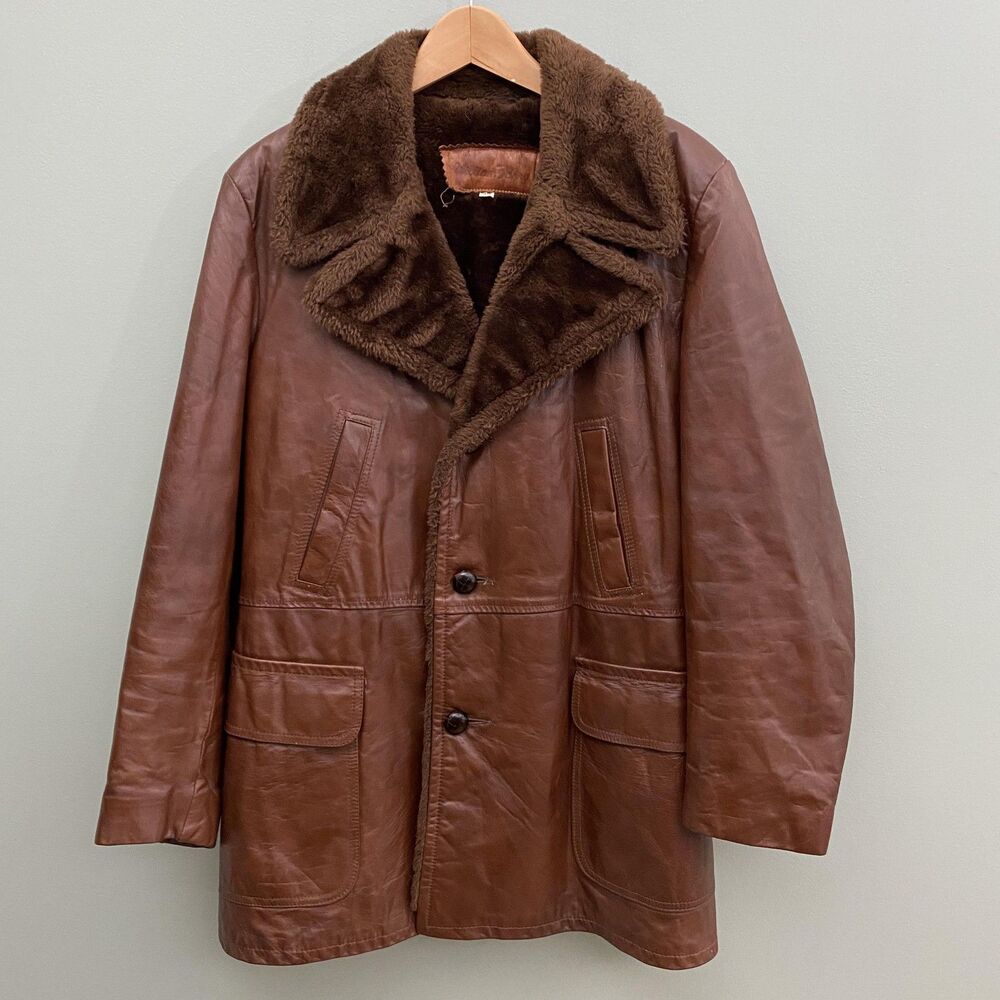 William Barry Leather Coat Mens 40 Brown Sherpa Lined Shawl Collar Vintage 70s